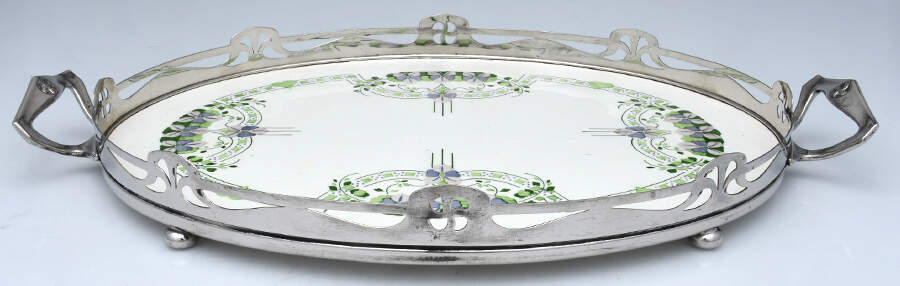 Art Nouveau Style (Silverplate, Hollowware) 16" Ceramic Gallery Tray with Silverplate Band by WMF Flatware-1