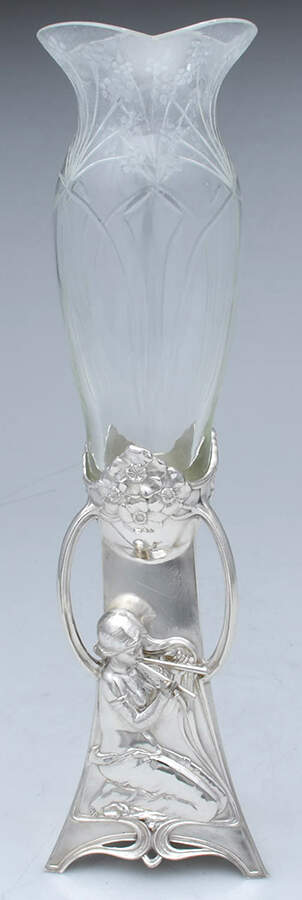 Art Nouveau Style (Silverplate, Hollowware) Crystal Vase with Metal Base by WMF Flatware-1
