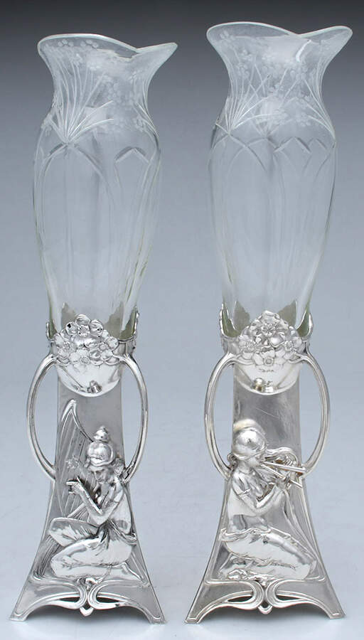 Art Nouveau Style (Silverplate, Hollowware) Set of 2 - Crystal Vase w/Metal Base by WMF Flatware-1