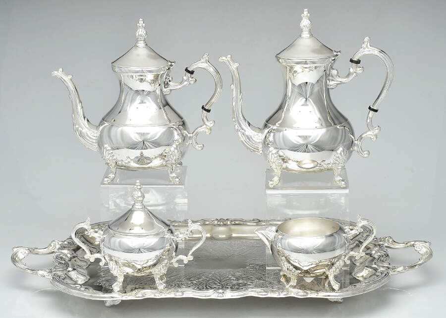 Lady Margaret (Slvp, Hollowware) 5-Pc Silverplate Tea Set with Footed Tray by Wallace Silver-1