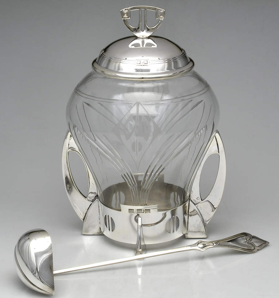 Art Deco Style (Silverplate, Hollowware) Covered Glass and Metal Frame Punch Bowl with Ladle by WMF Flatware-1