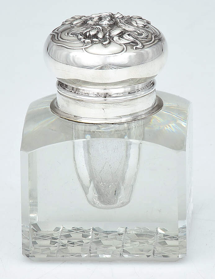 1651 (Sterling, Hollowware) Crystal Bowl Inkwell & Sterling Lid by Wm B Kerr-1