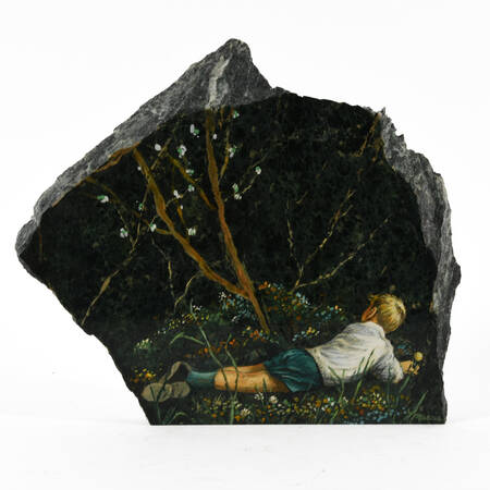 Signed Boy in Spring Painted on a Stone