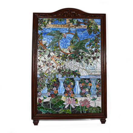 20th Century Mural Stained-Glass Panel with Hand-Carved Mahogany