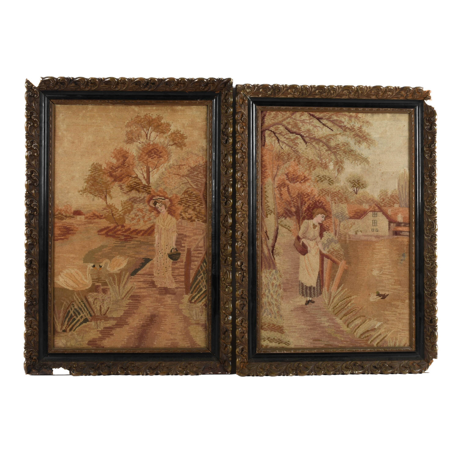 Antique Framed Woven Pair of Country Scenes