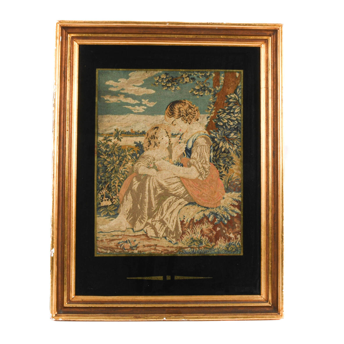 Antique Framed French Aubusson Woven Mother and Child Tapestry