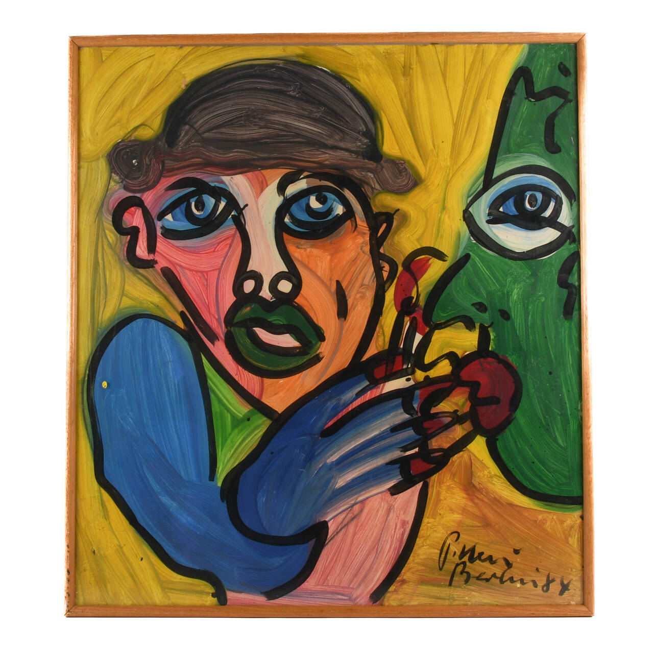 Framed Signed Peter Keil "The Green Confidant" Mix Media on Masonite