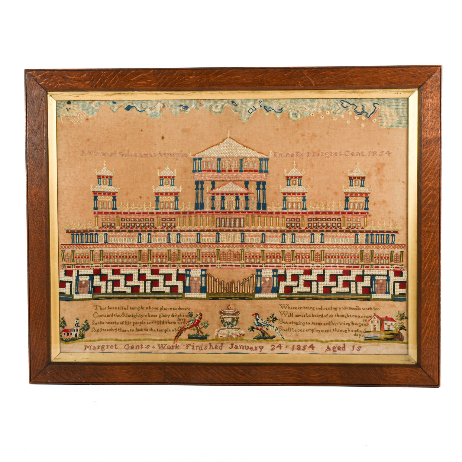 Antique Framed "Solomon's Temple" 1854 Needlework Sampler