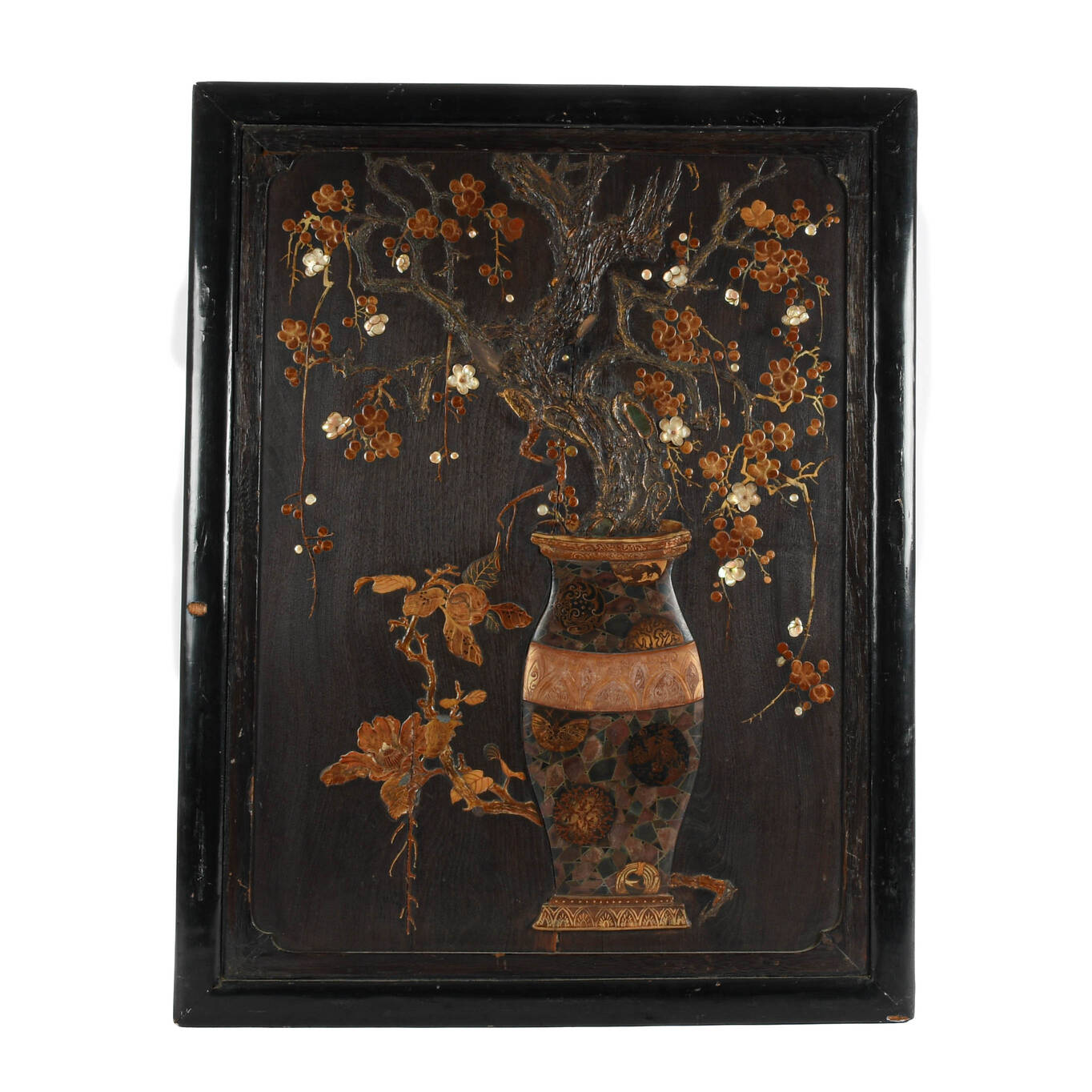 Framed Antique Chinese Mixed Media Wood Art