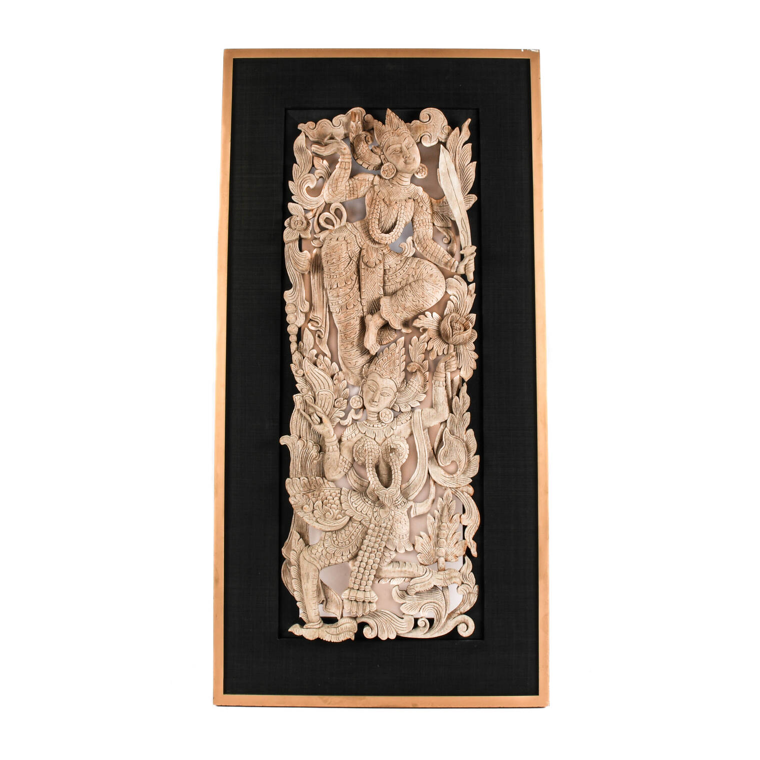 Framed Carved Wood Relief Panel of a Man and a Kinnari