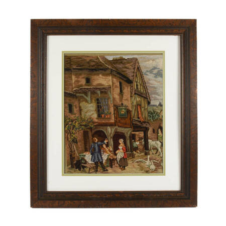 Framed "Village Life, Stitched in Time" Needlepoint Artwork