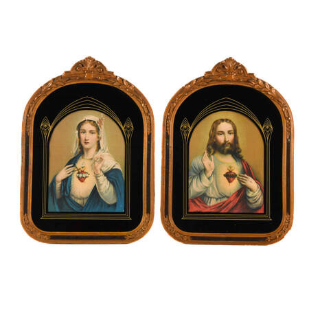 Pair Art Deco Framed Portraits of Jesus and Mary