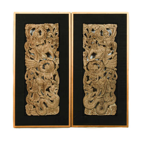Pair of Framed Balian Wood Artwork