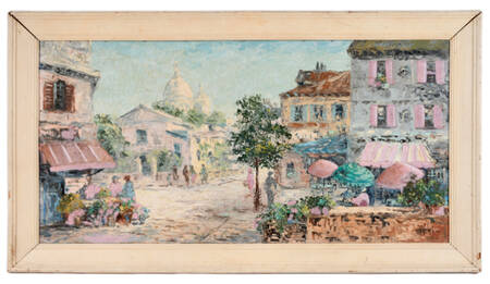 Signed Mezi Oil on Masonite Café Shadows and Cathedral Painting