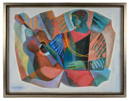 Framed Signed Enrique Sanchez Geometric Guitarist Acrylic on Canvas