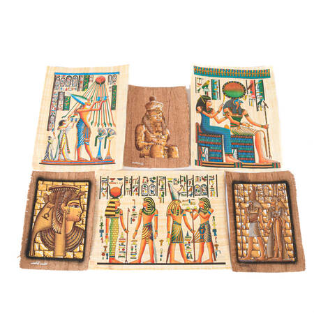 Set of 6 Egyptian Papyrus Paintings: Gods and Pharaohs