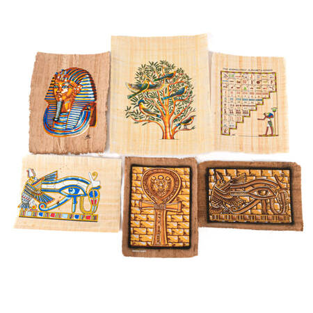 Set of Six Egyptian Papyrus Paintings: Symbols of Egypt