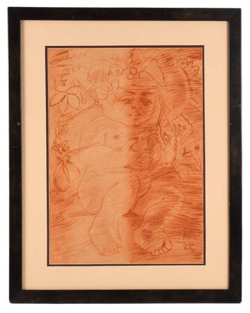 Framed Signed Child in Nature Red Chalk on Paper