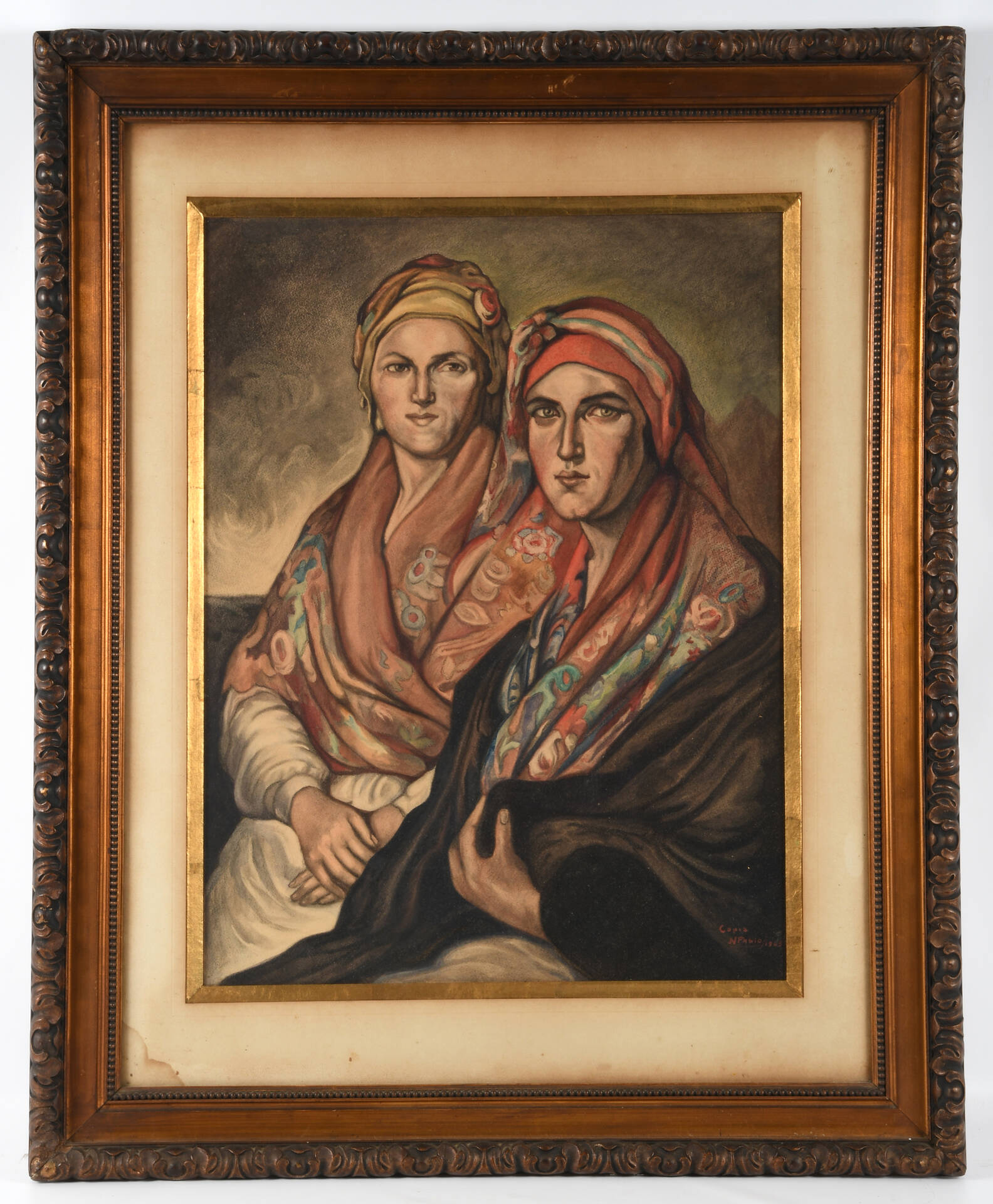 Signed Framed Watercolor Study of Two Robed Women