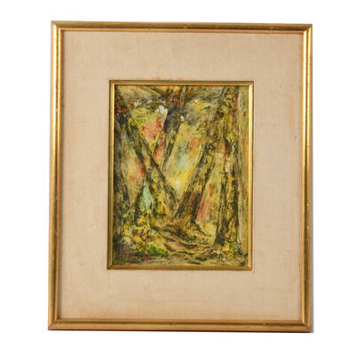 Framed J. Akston "Golden Forest" Enamel and Paper Painting