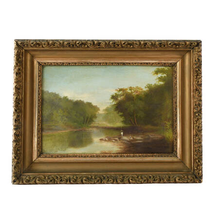 Framed Painting of a Man and Boy Fishing Landscape