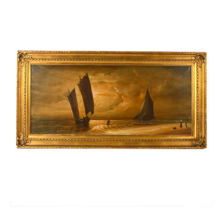 Framed Signed Sailboats at Shore Oil on Canvas