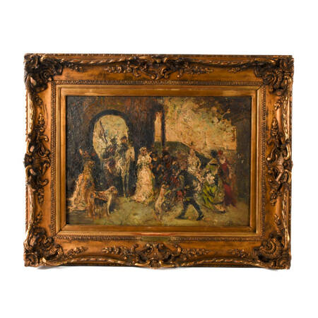 Framed Courtly Gathering Oil on Board Attributed to Adolphe Monticelli