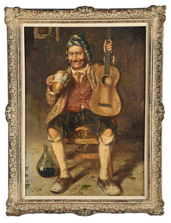 Framed Signed Giuseppe Giardiello Old Man with Guitar Oil on Canvas