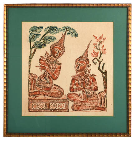 Framed Thai Temple Rubbing on Paper