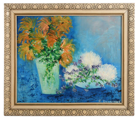 Framed Signed Bloom Against Blue Oil on Board