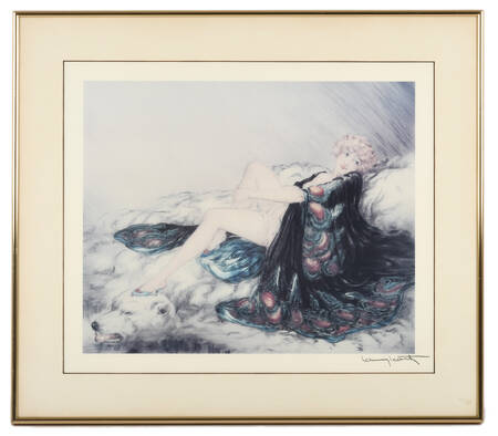 Framed Louis Icart Woman on Bearskin Rug Print
