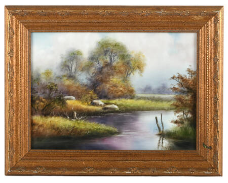 Framed Signed Still Pastures, Gentle Stream on Glass