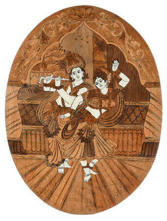 Radha Krishna Inlaid Wood Wall Plaque