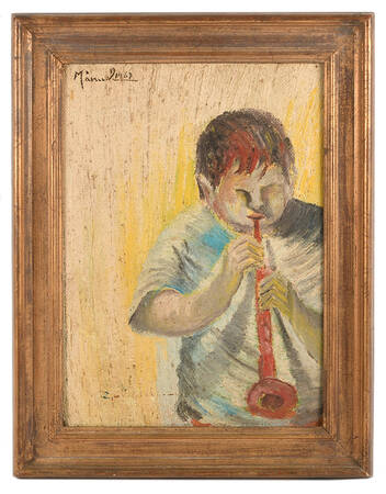 Framed Signed Portrait of a Musician Mix Media on Board