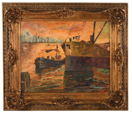 Framed Signed A. Marcovecchio Twilight Anchors Oil on Board