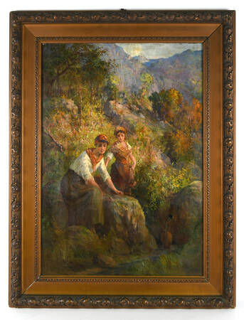 Antique Framed Signed "Water Gathering" Oil on Canvas