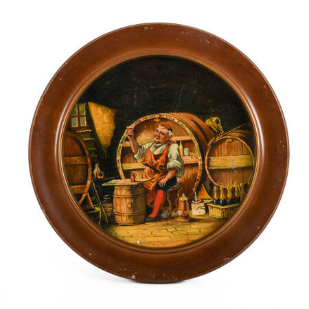 Antique Circle Framed Oil Painting on Copper of a Brewer