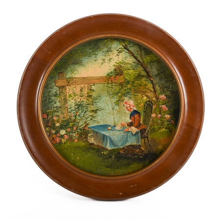 Antique Circle Framed Oil Painting on Copper Landscape View