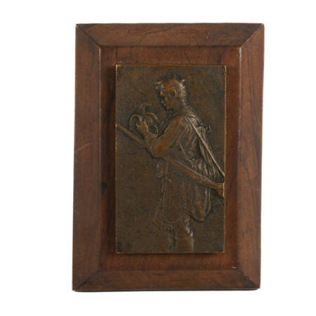 Antique Miniature Bronze Plaque Relief on Base Depicting a Hunter