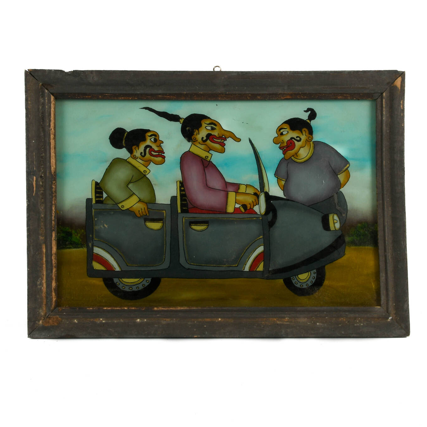 Framed Punakawan Reverse Glass Petruk, Gareng and Bajong Riding In A Car