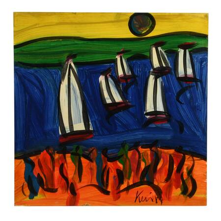 Signed Peter Keil "Sails at Sunset 1984" Mixed Media on Masonite