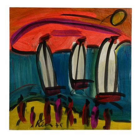 Signed Peter Keil "Ships in the Sunset" Mix Media on Masonite