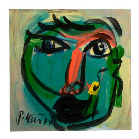 Signed Peter Keil "Face in Verdant Motion" Mixed Media on Masonite