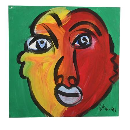 Signed Peter Keil "Red Hot, Cool Gaze" Mixed Media on Masonite