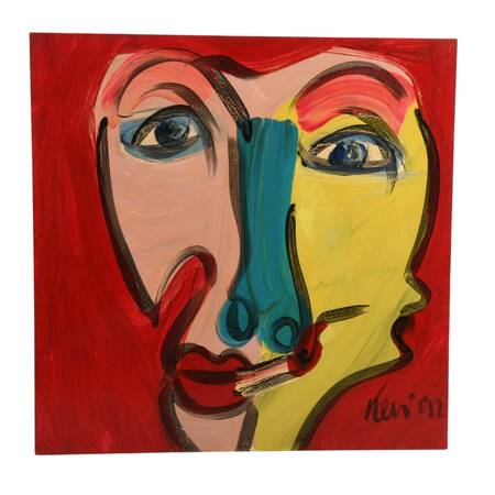 Signed Peter Keil "Untitled" Dual-Faced Portrait Mix Media on Masonite