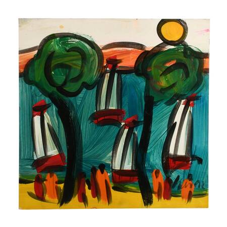 Signed Peter Keil "Scattered Sailboats" Mix Media on Masonite