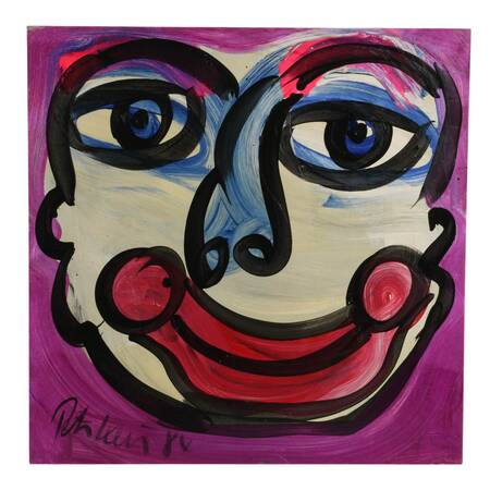 Signed Peter Keil Magenta Clown Portrait Mixed Media on Masonite