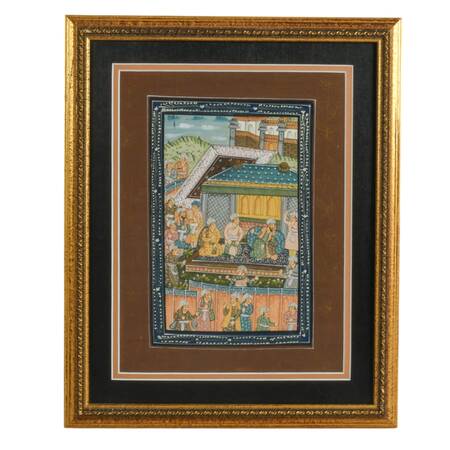 Framed Mughal Miniature Gouache on Silk Canvas