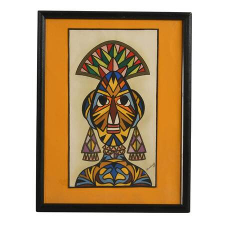 Afrocentric Face Mask Portrait Mixed-Media on Paper Signed Arredondo '69