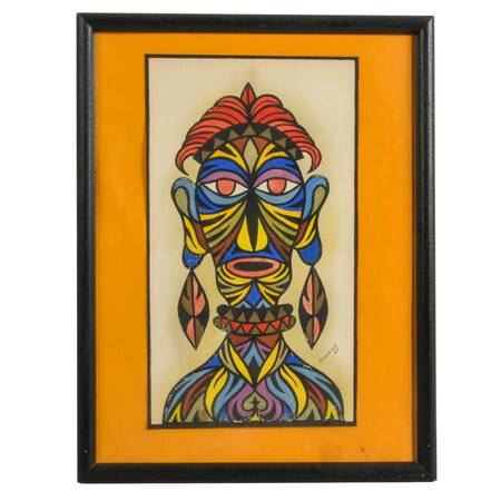 Framed Afrocentric Portrait Mixed-Media on Paper Signed Arredondo '69